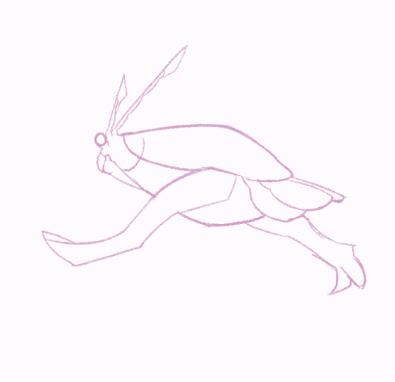 A sketch animation of a sprinting scud, a bipedal alien resembling a parrot made out of lobster bits.