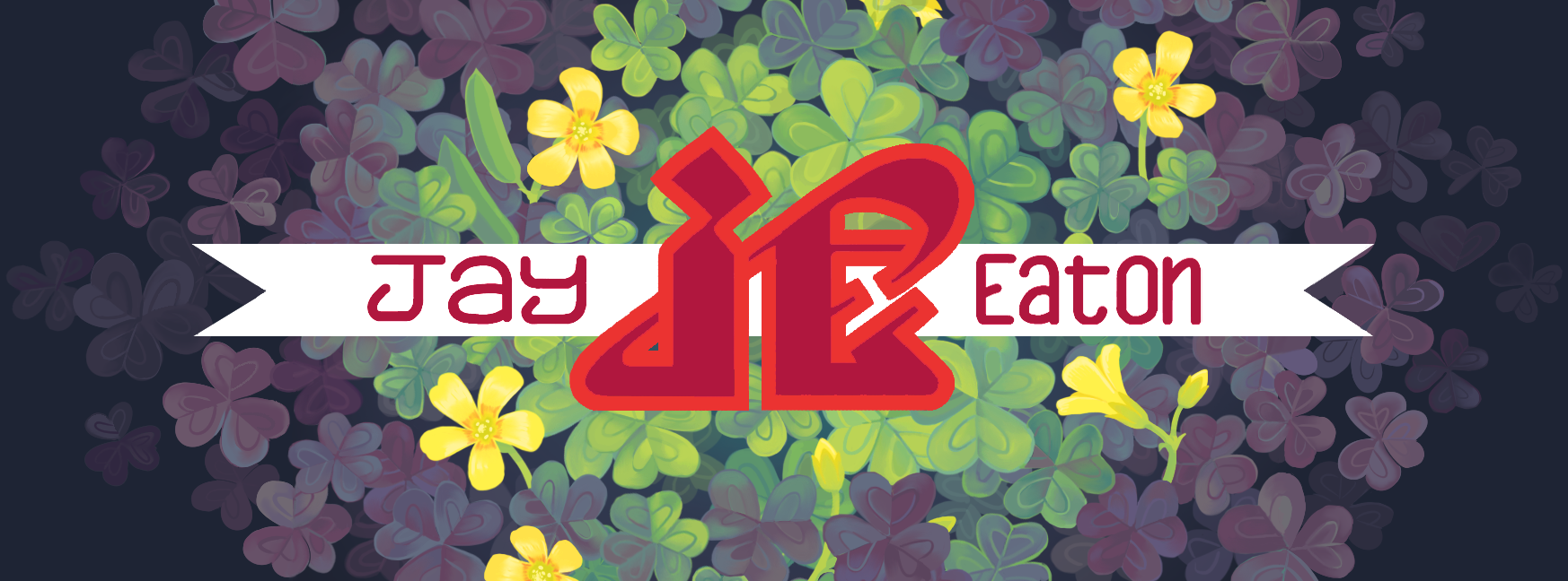 A banner reading Jay Eaton lies over a bed of flowering Oxalis corniculata. A large symbol in the middle combines the initials J, A, and E.